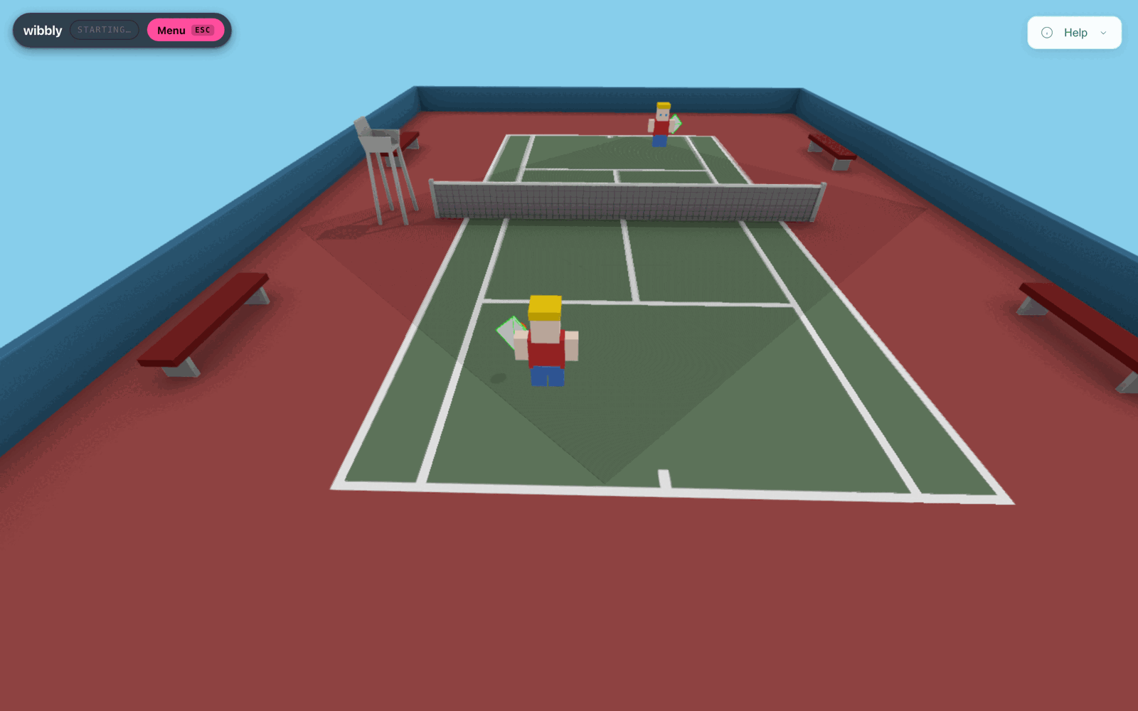 The wibbly tennis reference game: a Three.js court rendered in a browser tab, with the player rig near the baseline and an AI opponent across the net.